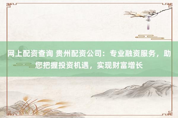 网上配资查询 贵州配资公司:专业融资服务,助您把握投资机遇,实现财富增长